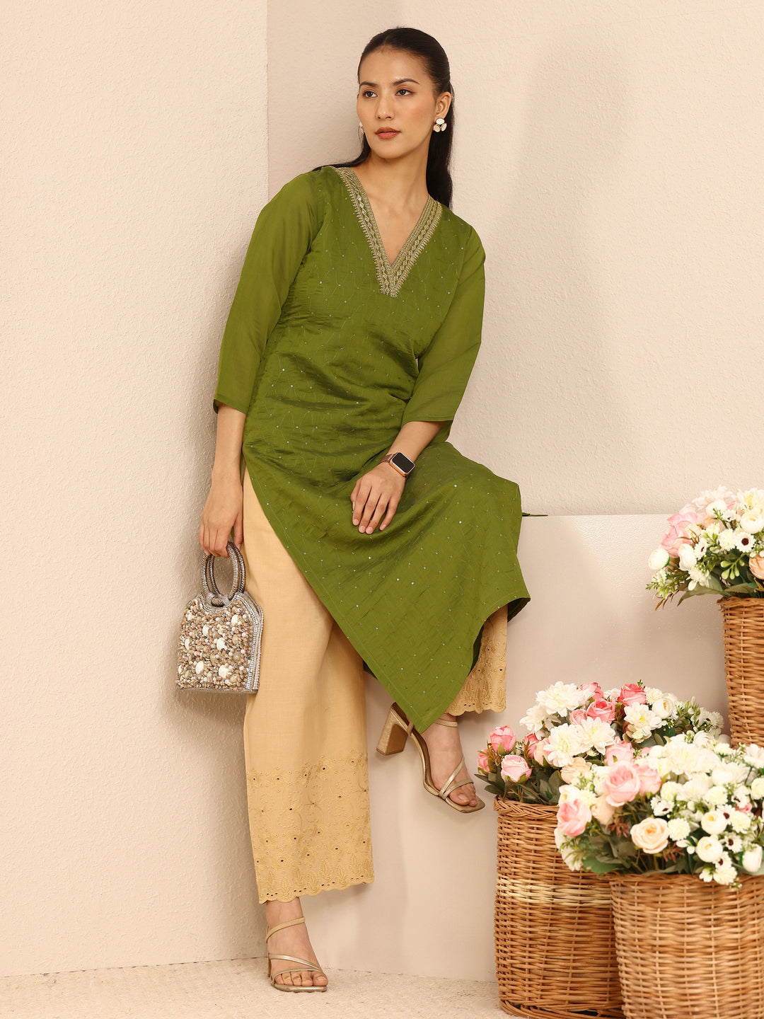 Green Embellished Chanderi Cotton Straight Kurta