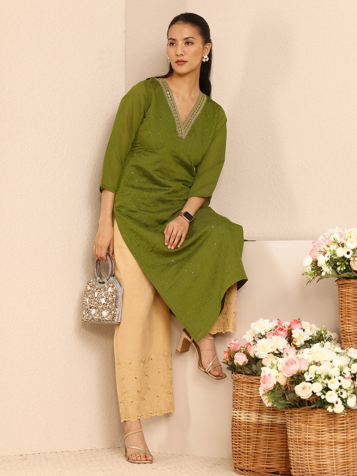 Green Embellished Chanderi Cotton Straight Kurta