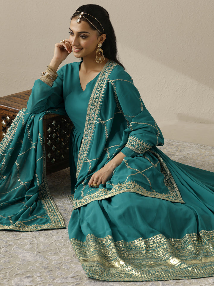 Green Embellished Georgette Anarkali Suit Set With Dupatta