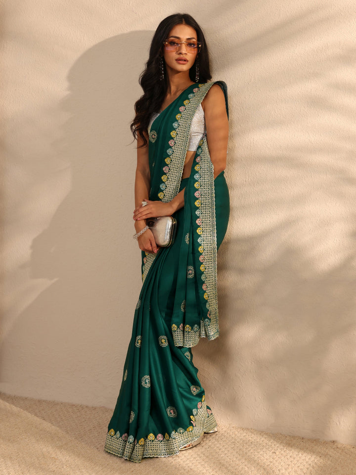 Green Embellished Satin Saree With Unstitched Blouse Piece
