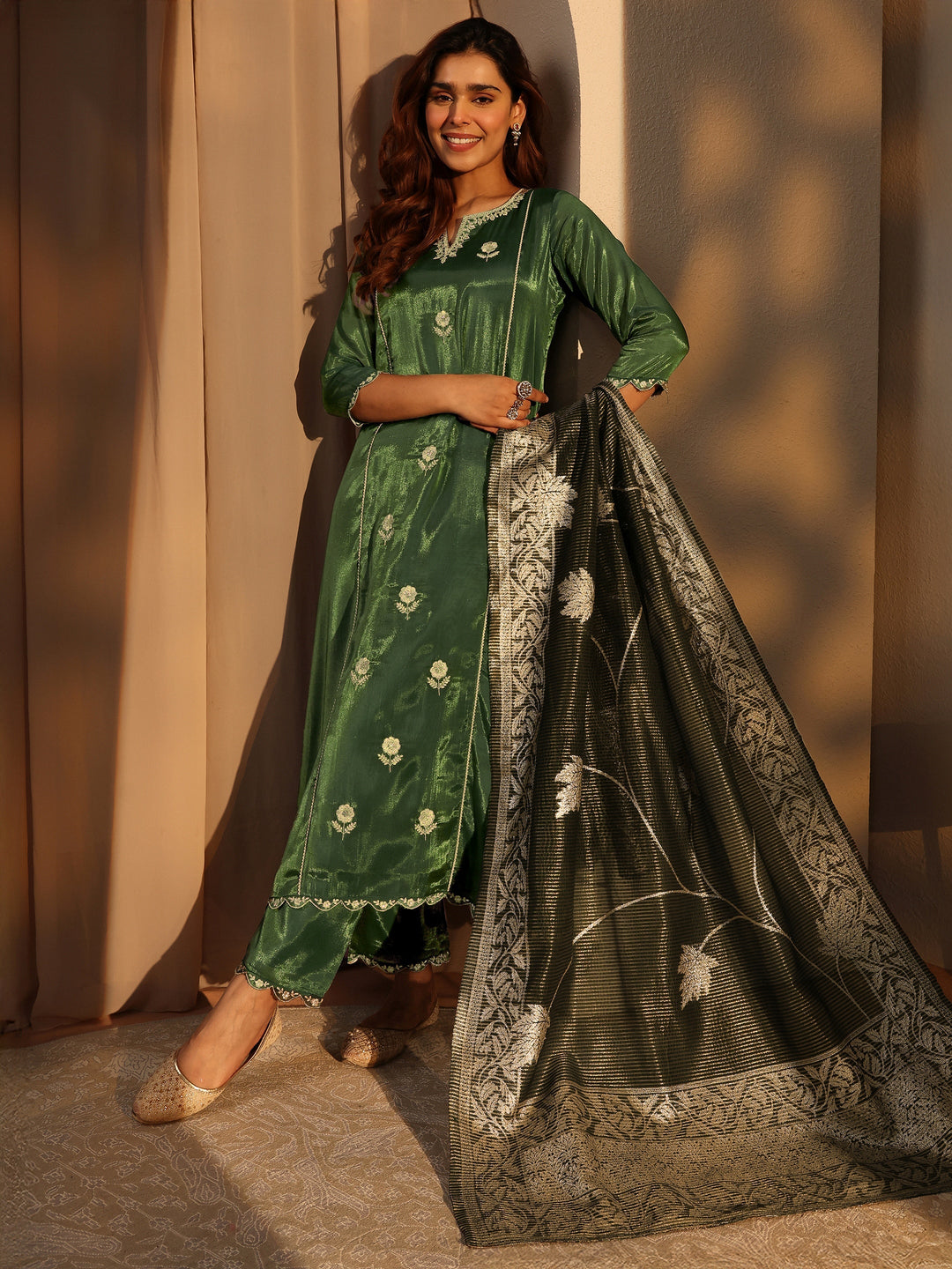 Green Embellished Silk Blend A-Line Suit Set With Dupatta