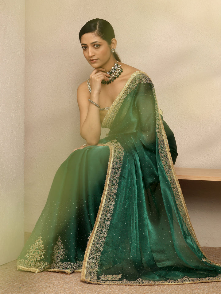 Green Embellished Silk Blend Saree With Unstitched Blouse Piece