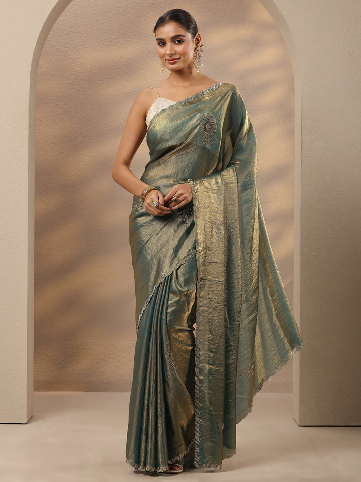 Green Embellished Silk Blend Saree With Unstitched Blouse Piece