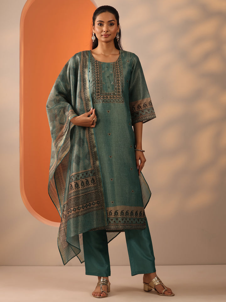 Green Embellished Silk Blend Straight Suit Set With Dupatta