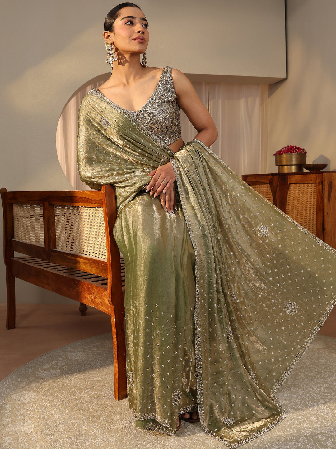 Green Embellished Tissue Saree