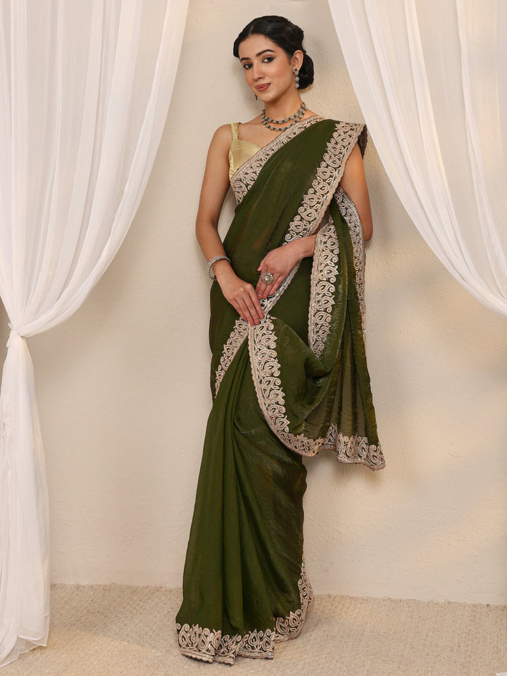 Green Embellished Tissue Saree With Unstitched Blouse Piece