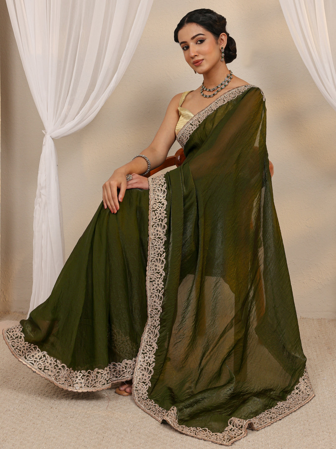 Green Embellished Tissue Saree With Unstitched Blouse Piece