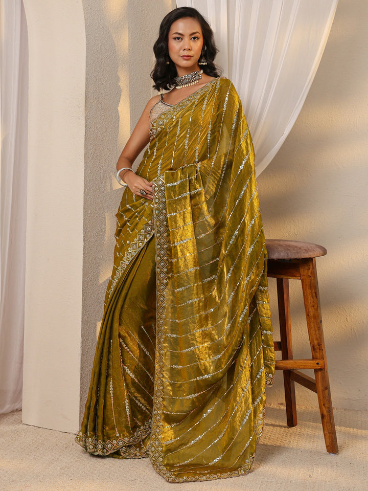 Green Embellished Tissue Saree With Unstitched Blouse Piece