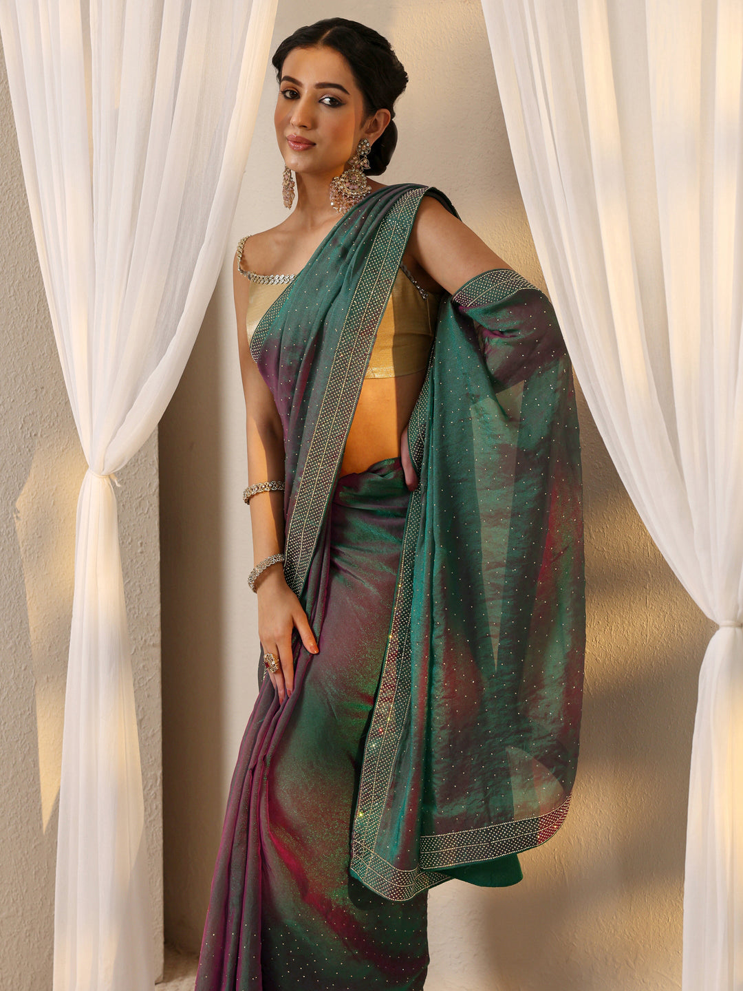 Green Embellished Tissue Saree With Unstitched Blouse Piece