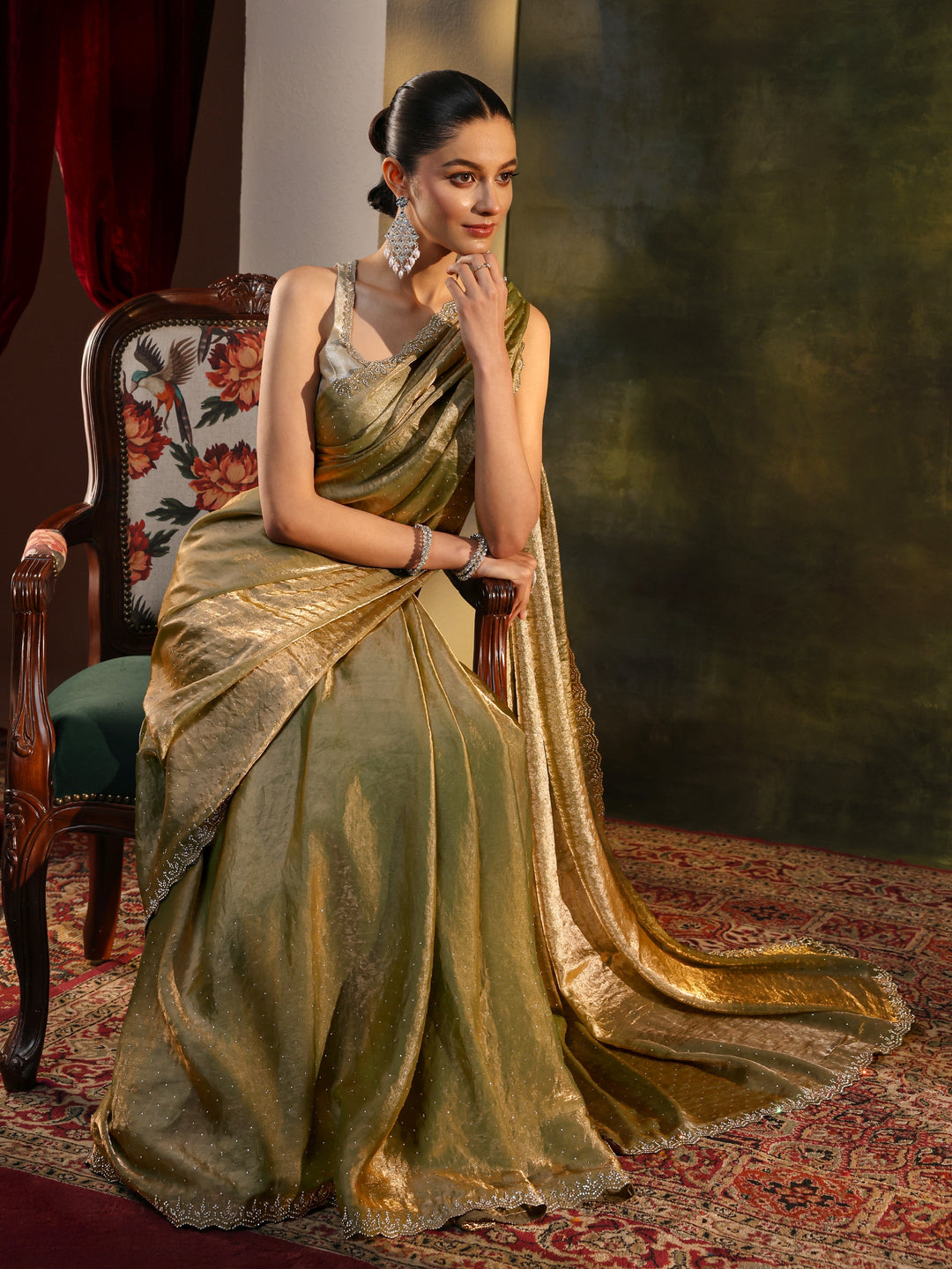 Green Embellished Tissue Saree With Unstitched Blouse Piece