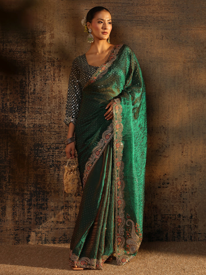 Green Embellished Tissue Saree With Unstitched Blouse Piece