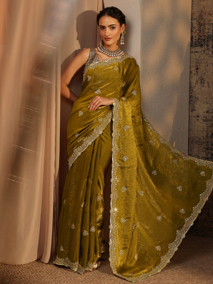 Green Embellished Tissue Saree With Unstitched Blouse Piece