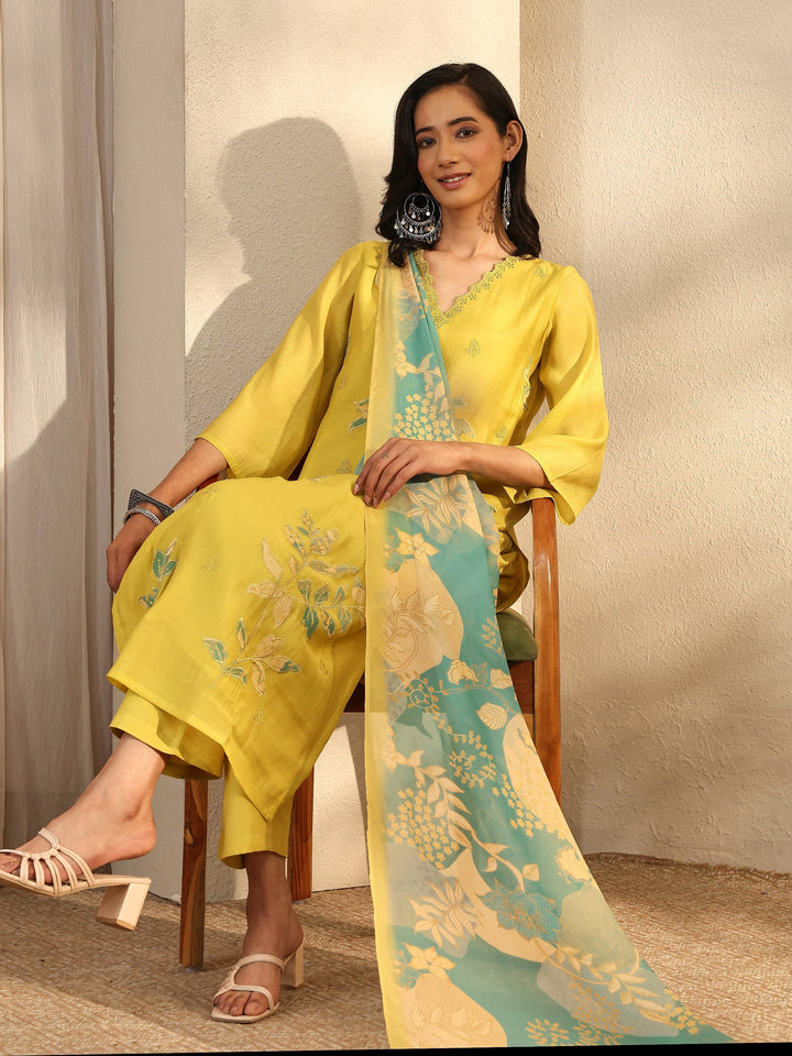 Green Embroidered Chanderi Cotton Straight Suit Set With Dupatta