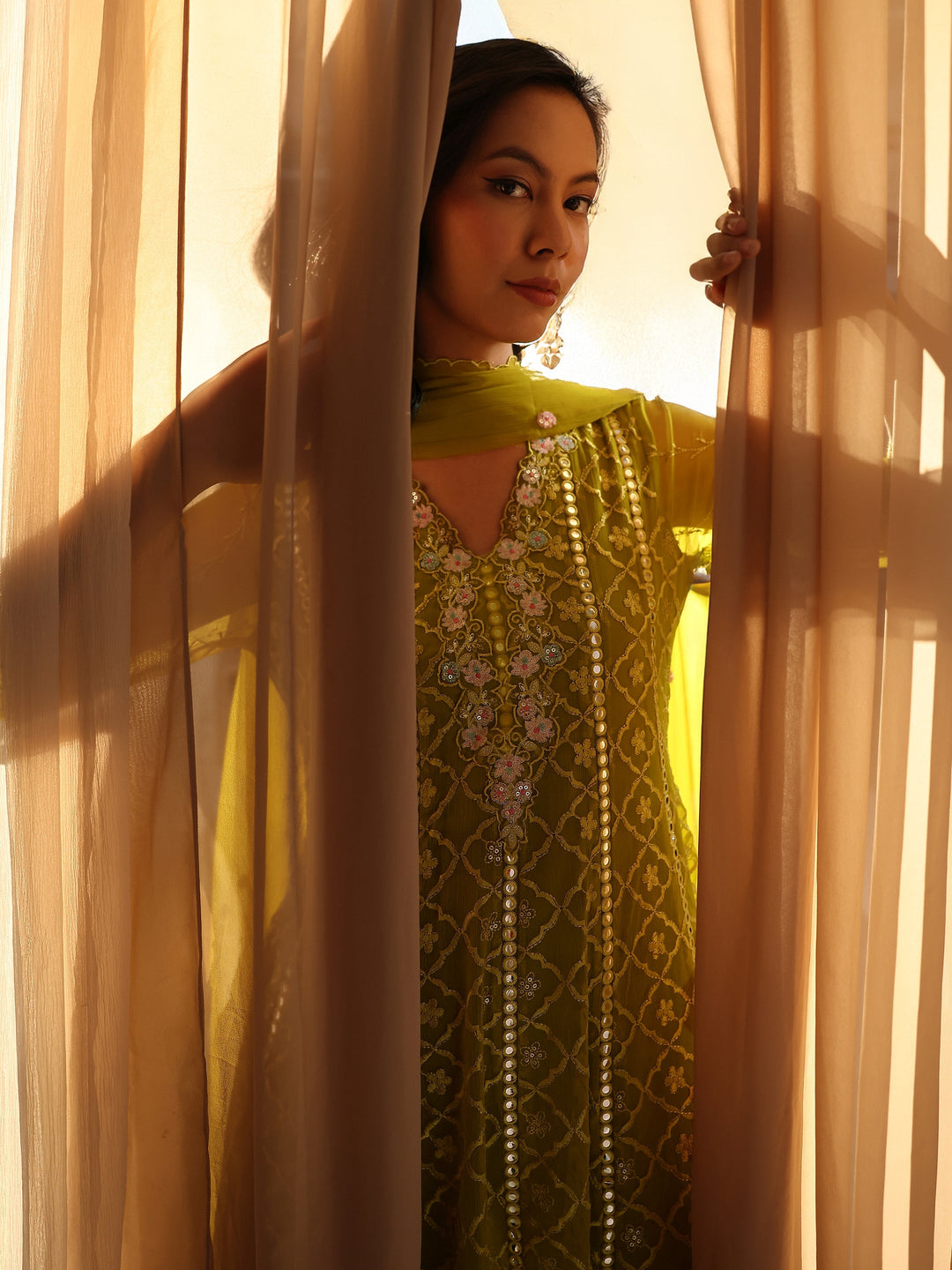 Green Embroidered Chiffon Anarkali Suit Set With Dupatta