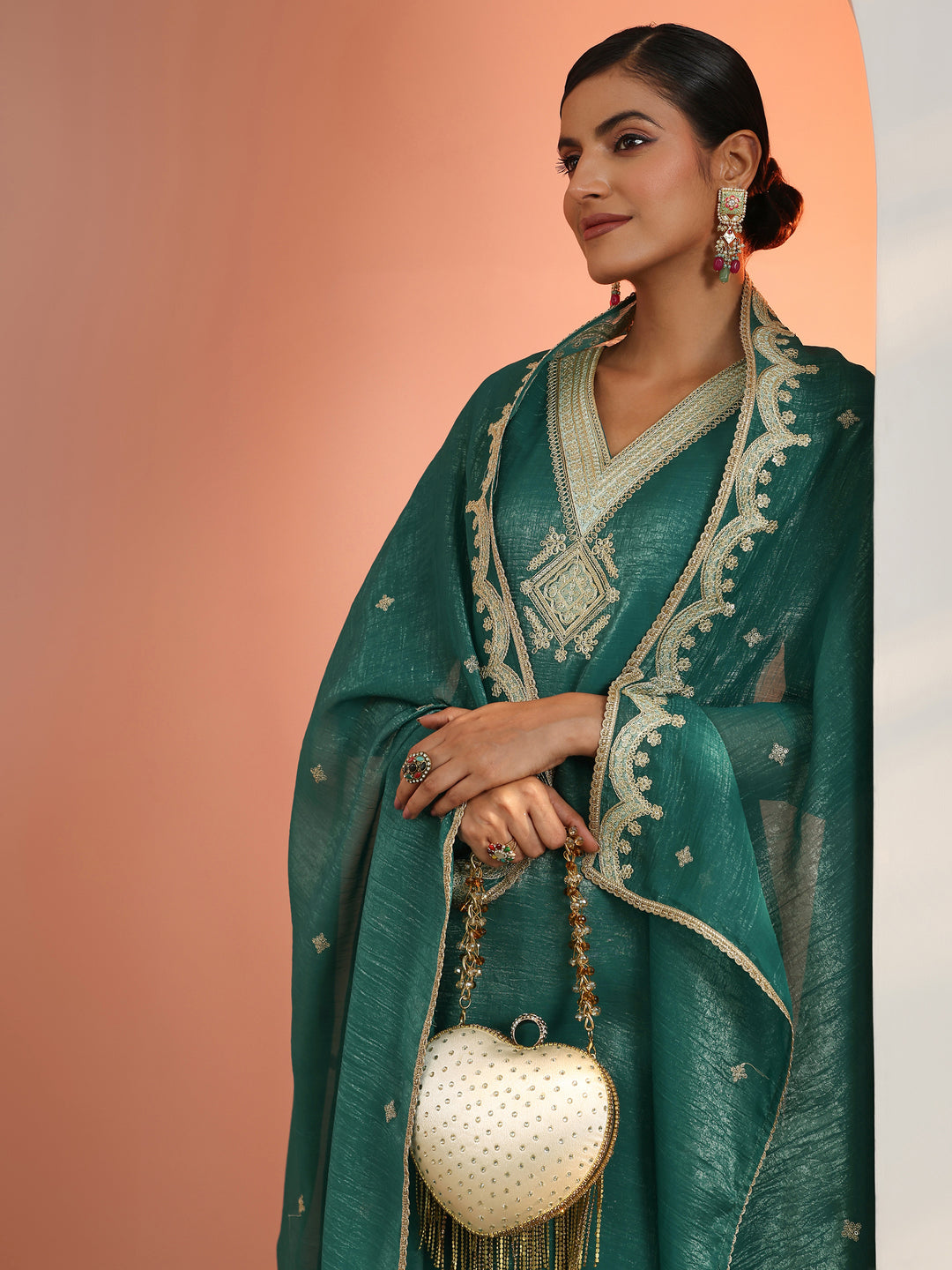 Green Embroidered Chiffon Straight Suit Set With Dupatta