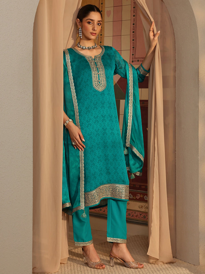 Green Embroidered Chiffon Straight Suit Set With Dupatta