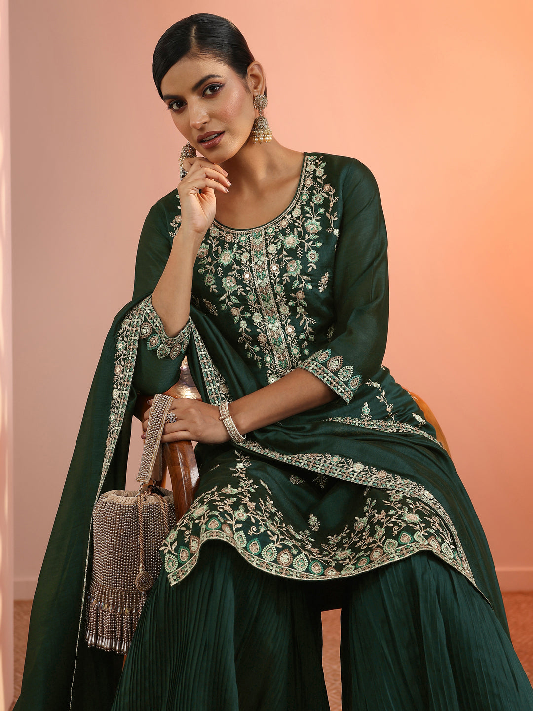 Green Embroidered Chinon Straight Suit Set With Dupatta