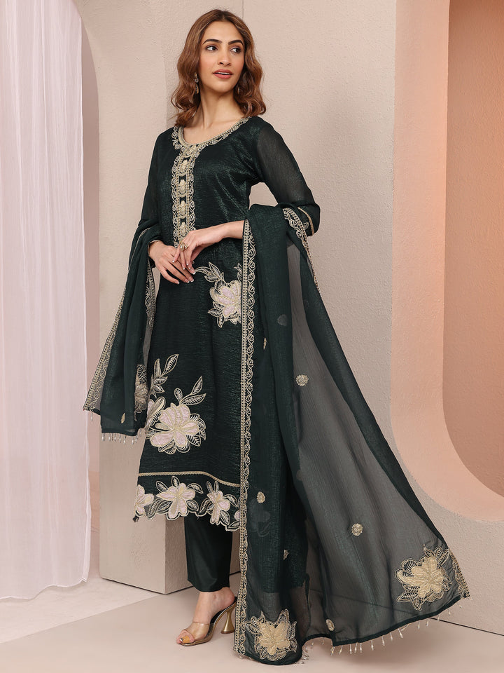 Green Embroidered Chinon Straight Suit Set With Dupatta