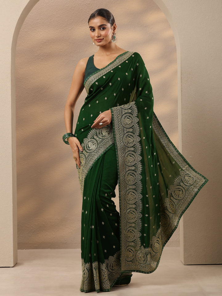 Green Embroidered Georgette Saree With Unstitched Blouse Piece