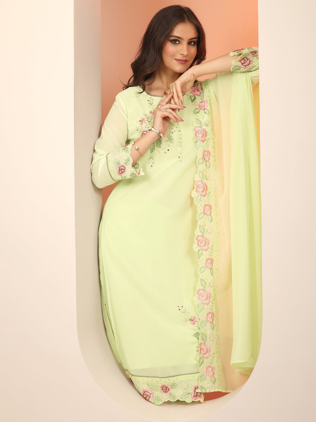 Green Embroidered Georgette Straight Suit Set With Dupatta