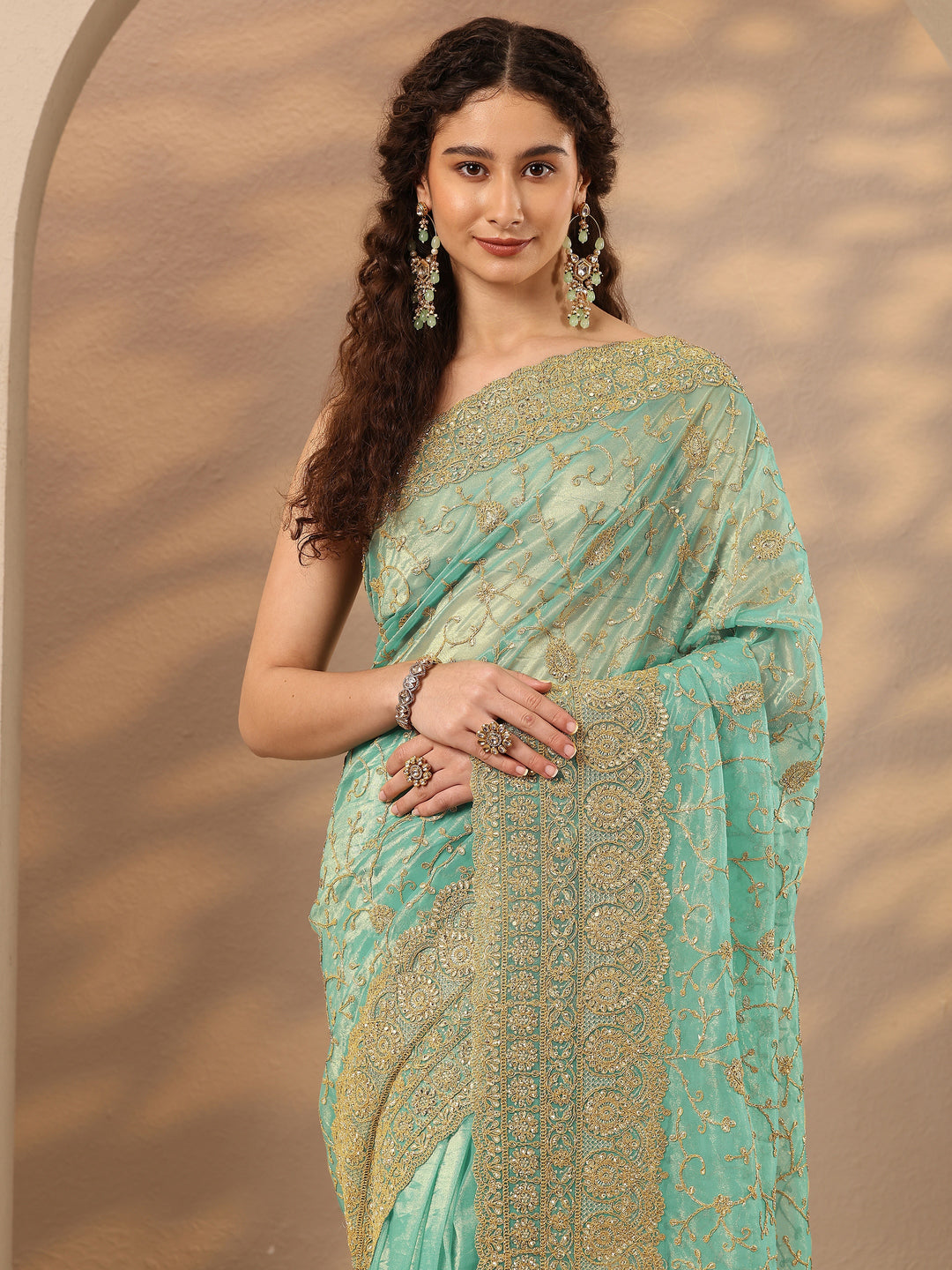 Green Embroidered Nylon Saree With Unstitched Blouse Piece