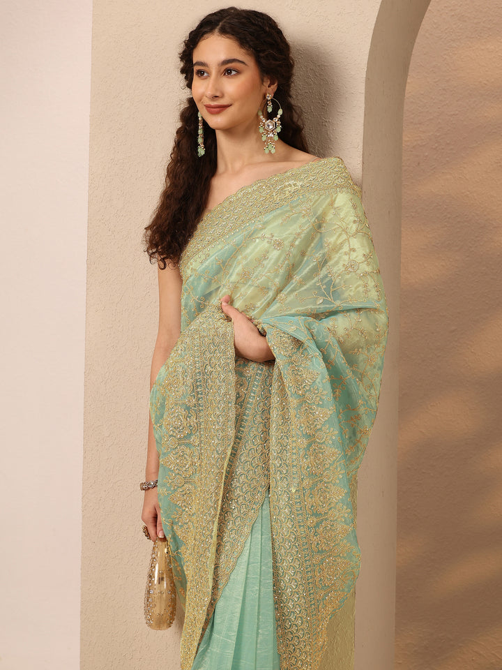 Green Embroidered Nylon Saree With Unstitched Blouse Piece