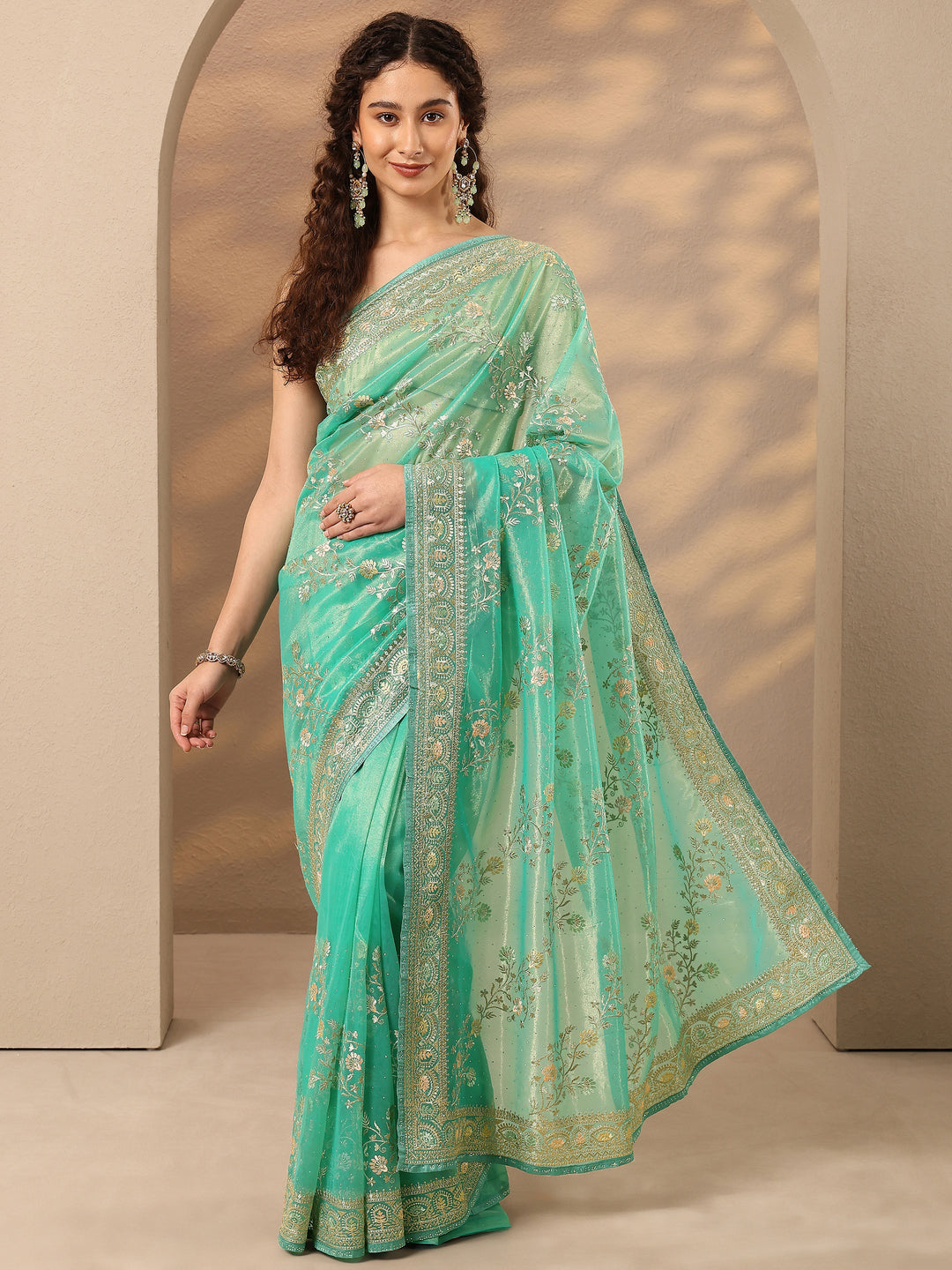 Green Embroidered Nylon Saree With Unstitched Blouse Piece