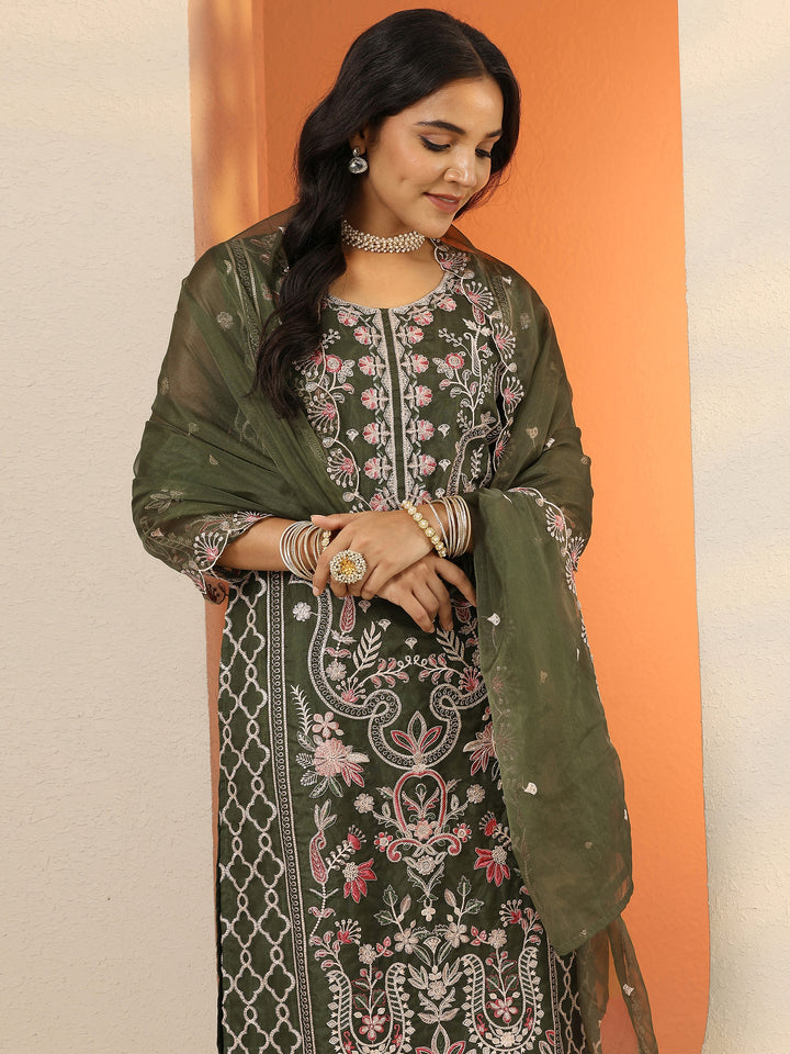 Green Embroidered Organza Straight Suit Set With Dupatta