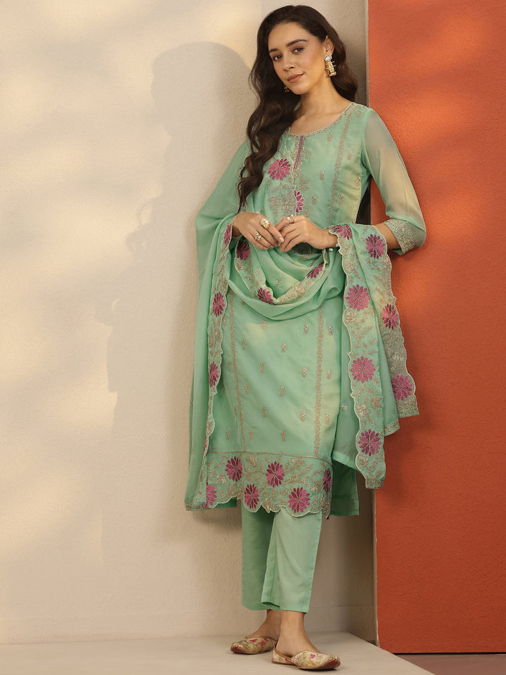 Green Embroidered Organza Straight Suit Set With Dupatta