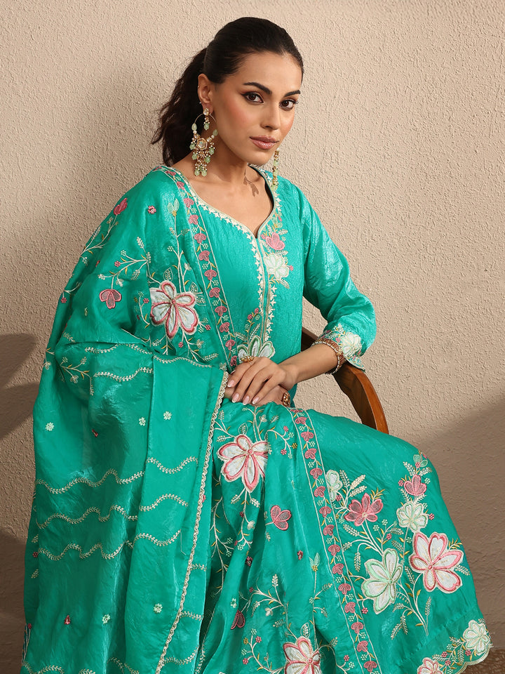 Green Embroidered Organza Straight Suit Set With Dupatta