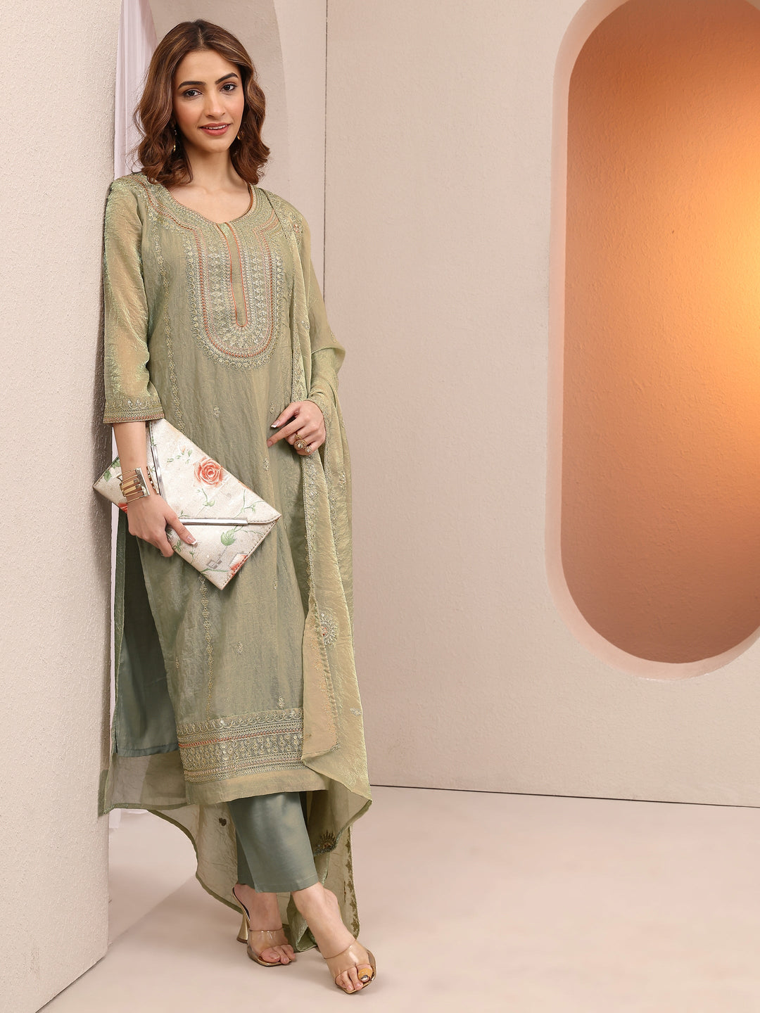 Green Embroidered Organza Straight Suit Set With Dupatta