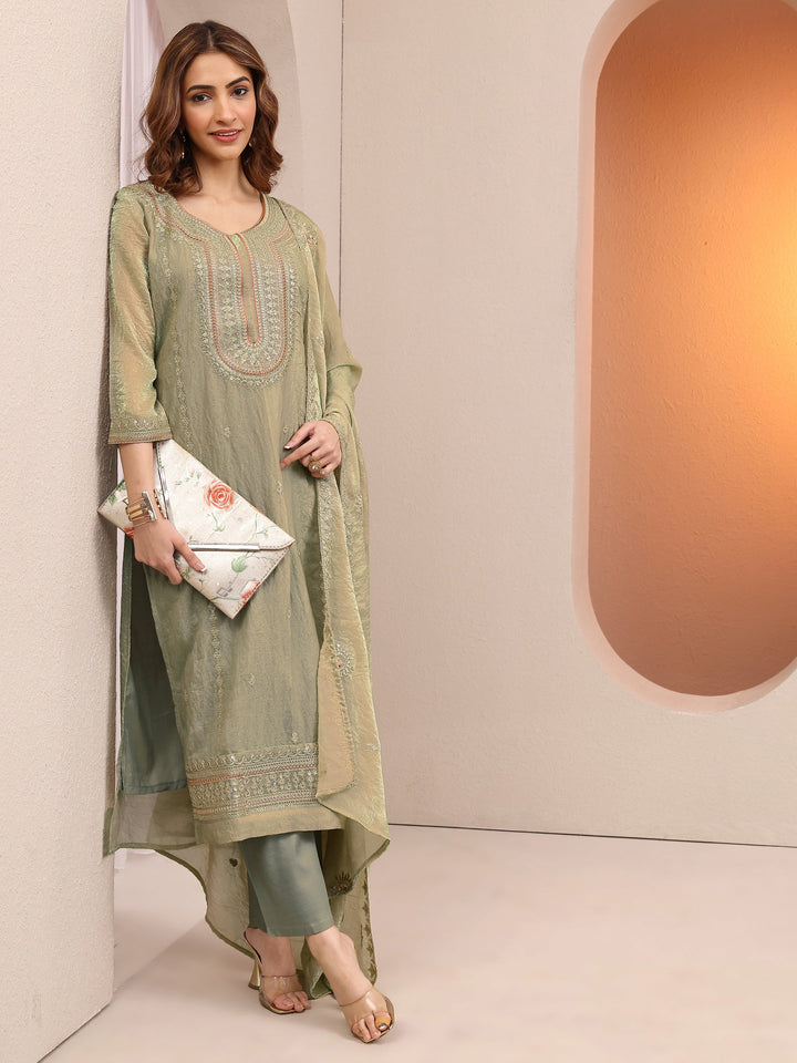Green Embroidered Organza Straight Suit Set With Dupatta