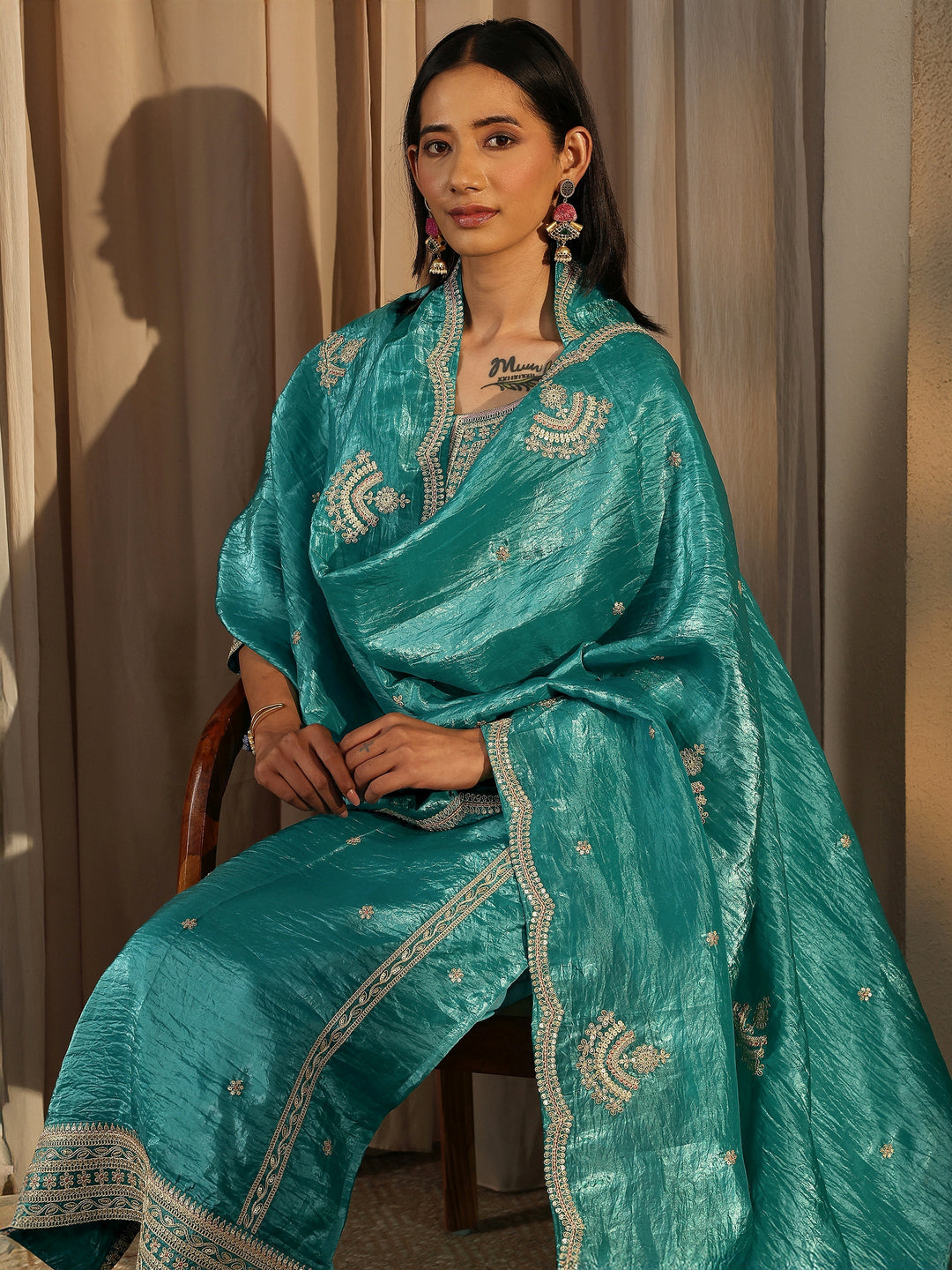Green Embroidered Organza Straight Suit Set With Dupatta