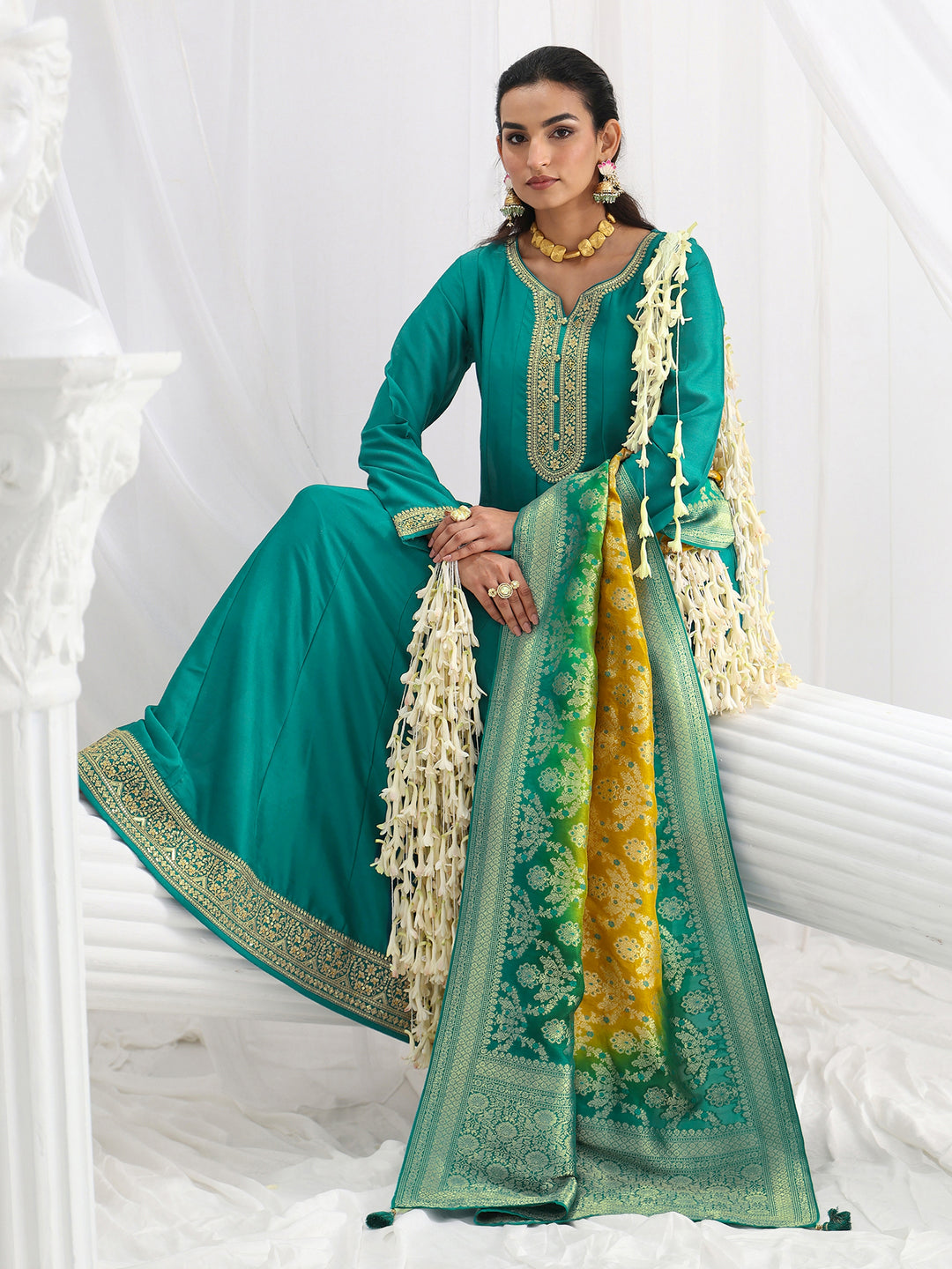 Green Embroidered Silk A-Line Gown With Dupatta