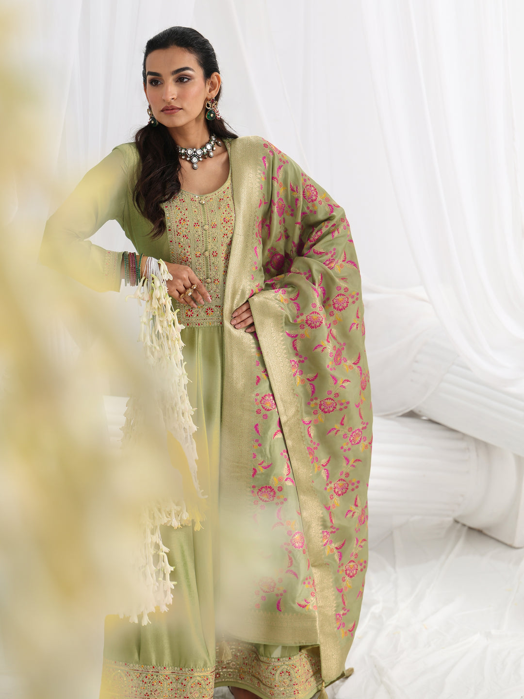 Green Embroidered Silk A-Line Gown With Dupatta