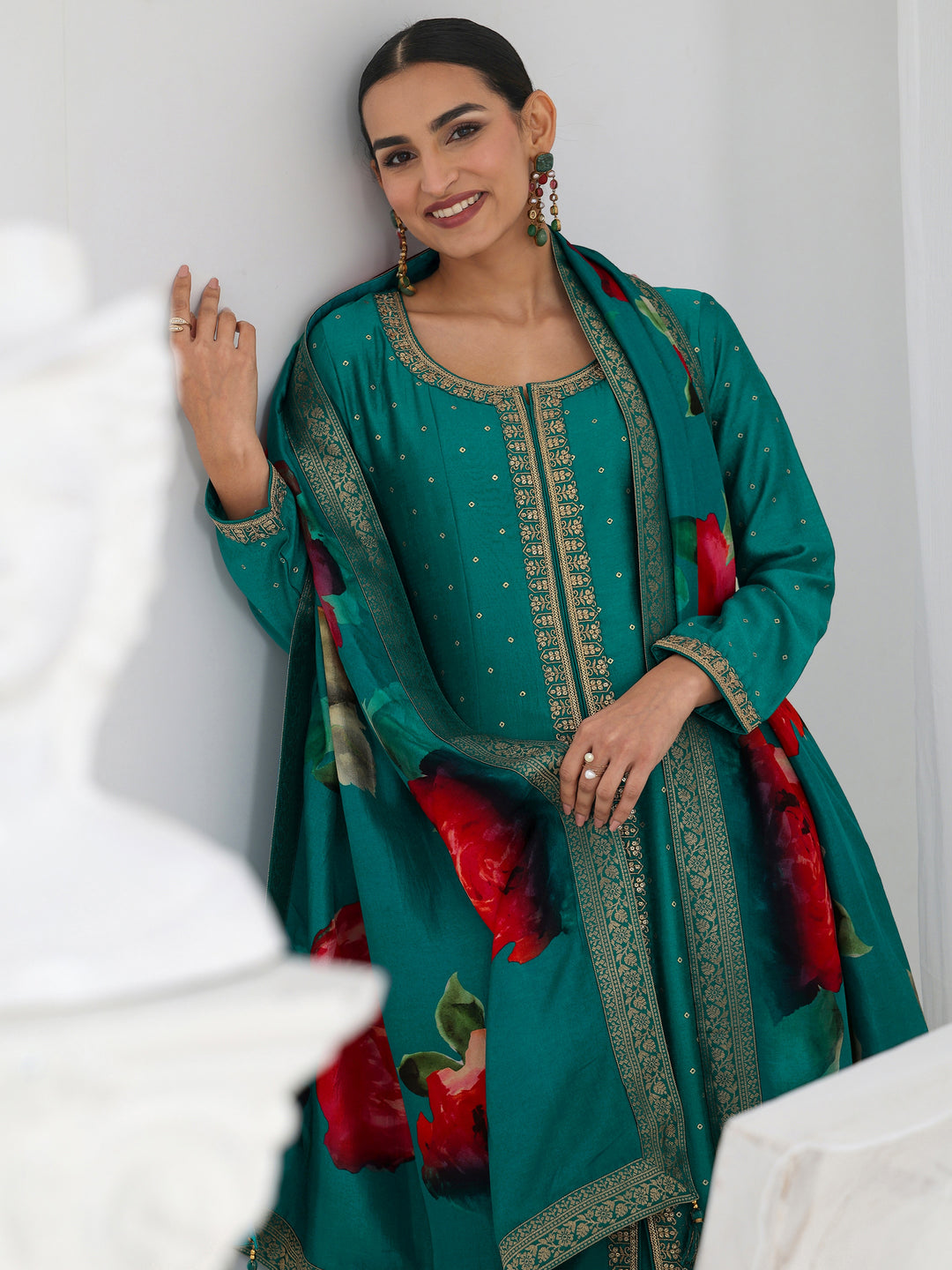 Green Embroidered Silk Blend A-Line Suit Set With Dupatta