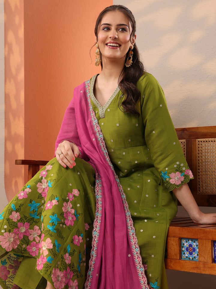 Green Embroidered Silk Blend Anarkali Suit Set With Dupatta