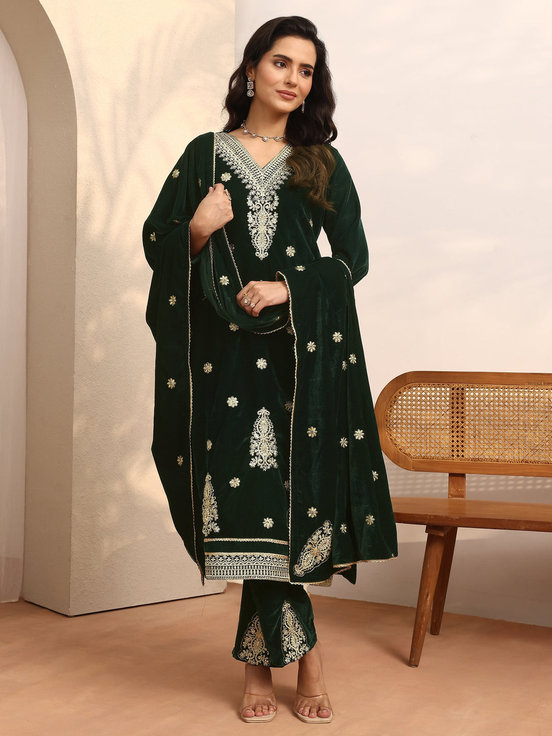Green Embroidered Velvet Straight Suit Set With Dupatta