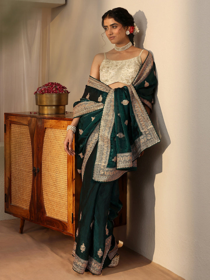 Green Ethnic Embellished Tissue Saree