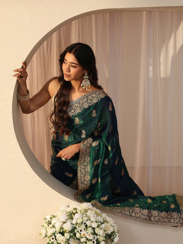 Green Ethnic Embellished Tissue Saree