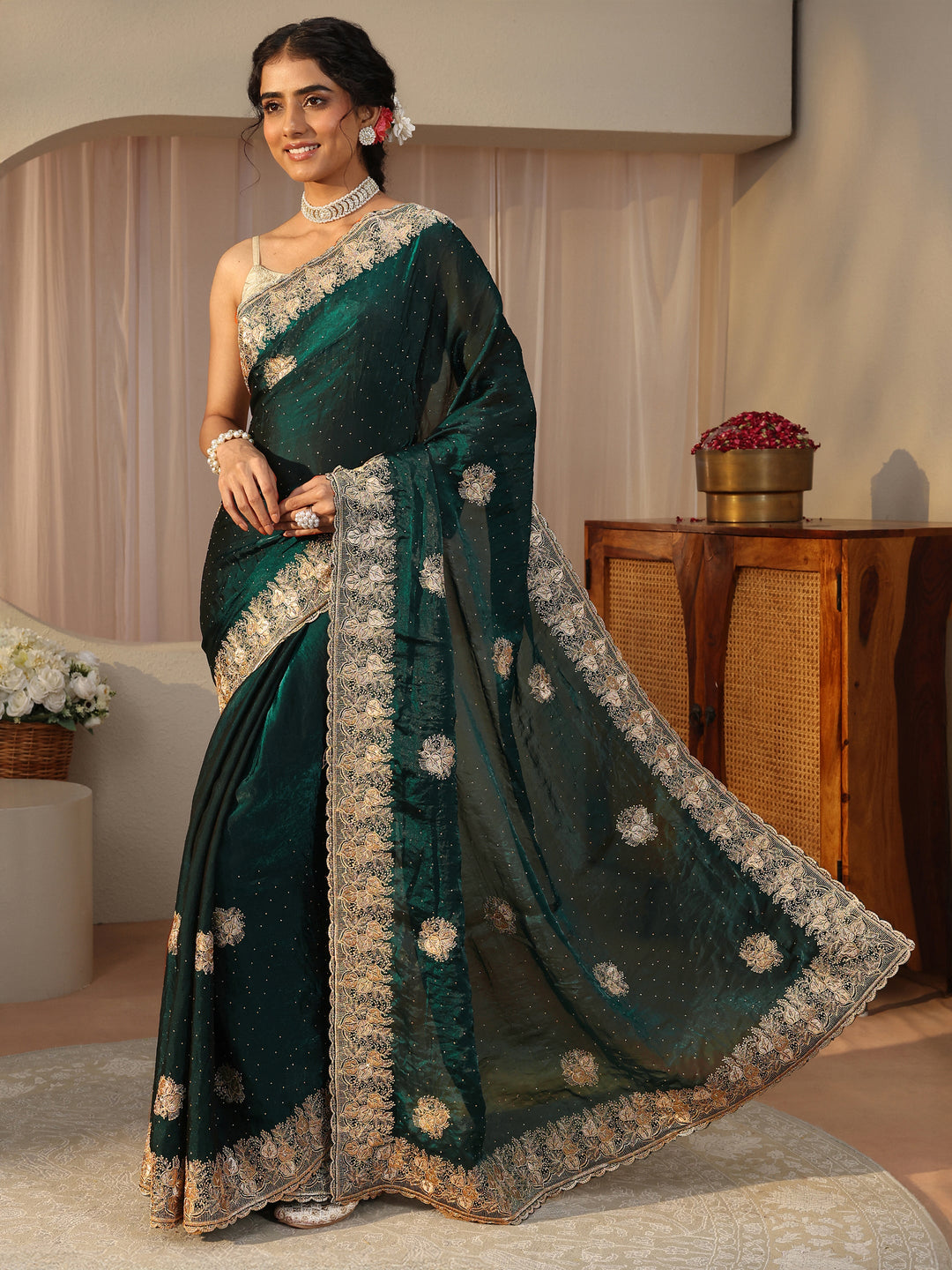 Green Ethnic Embellished Tissue Saree