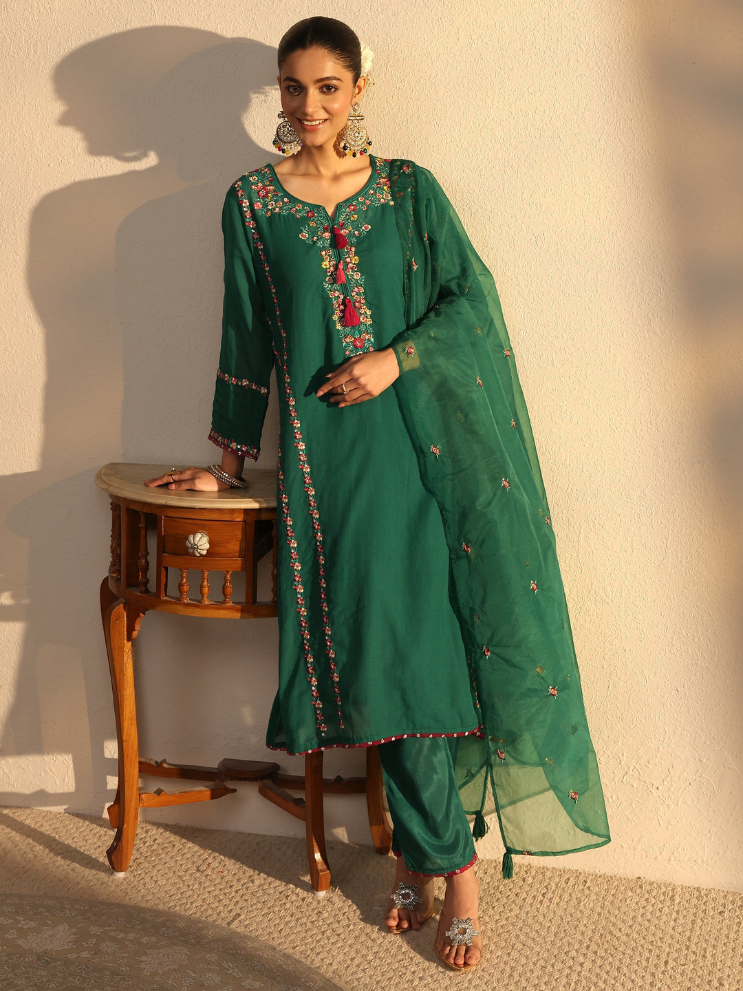 Green Ethnic Embroidered Chanderi Cotton Straight Suits Set With Dupatta