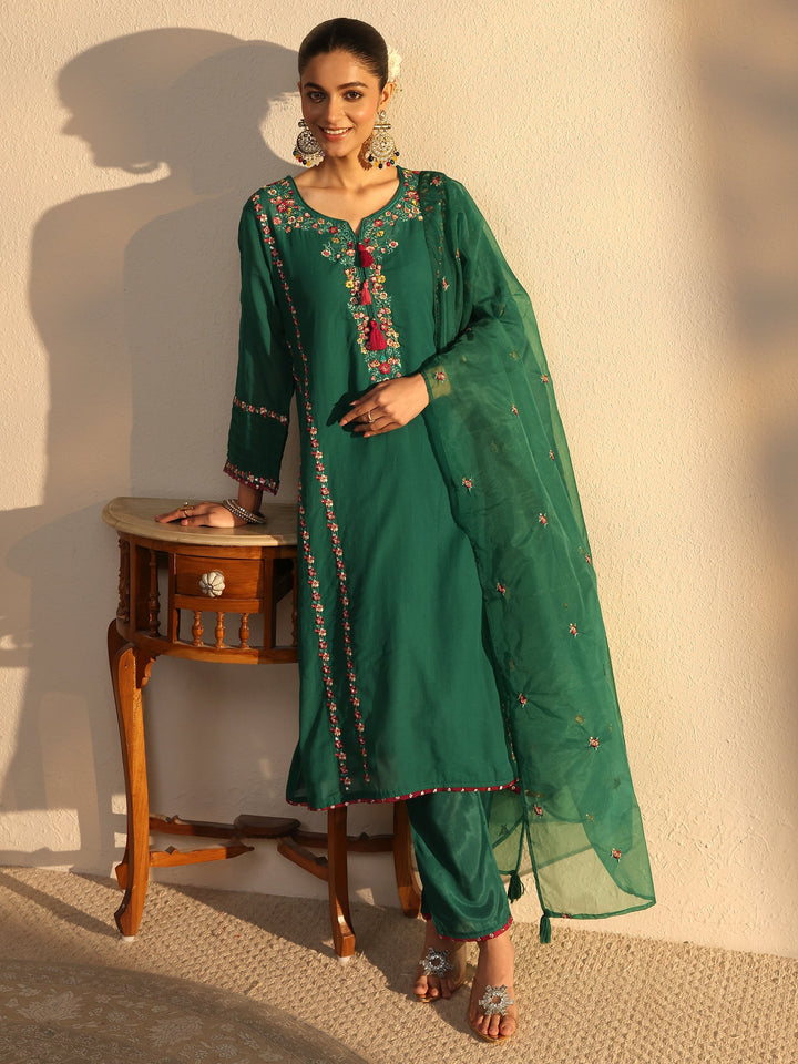 Green Ethnic Embroidered Chanderi Cotton Straight Suits Set With Dupatta