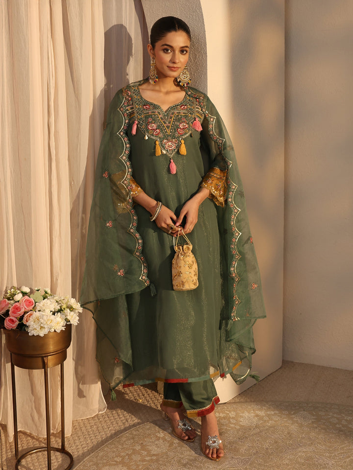 Green Ethnic Embroidered Organza A-Line Suits Set With Dupatta