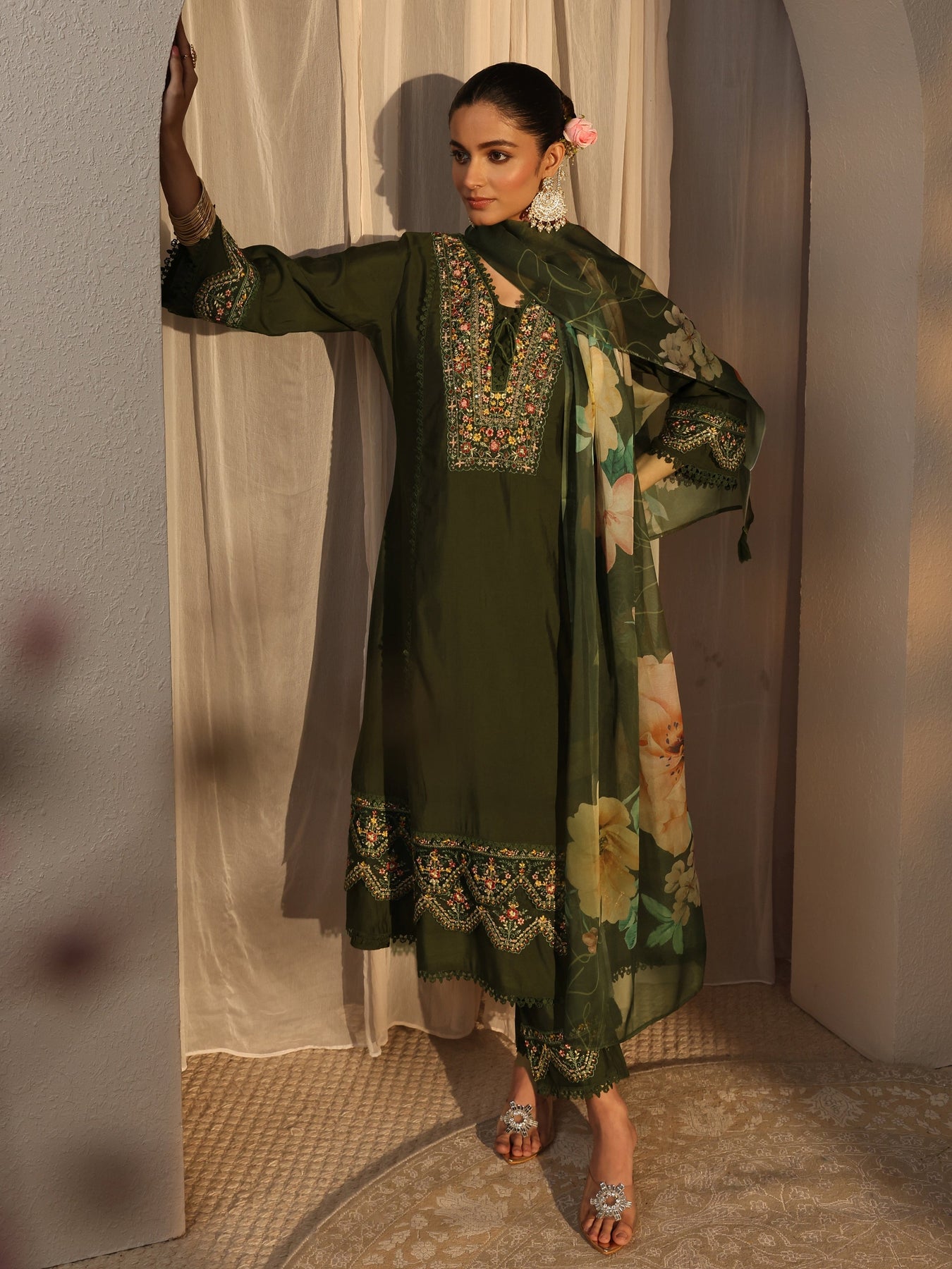 Buy Green Ethnic Embroidered Silk Blend A-Line Suits Set With Dupatta Online at $105.00 | Libas Buy Green Ethnic Embroidered Silk Blend A-Line Suits Set With Dupatta Online at $105.00 | Libas
