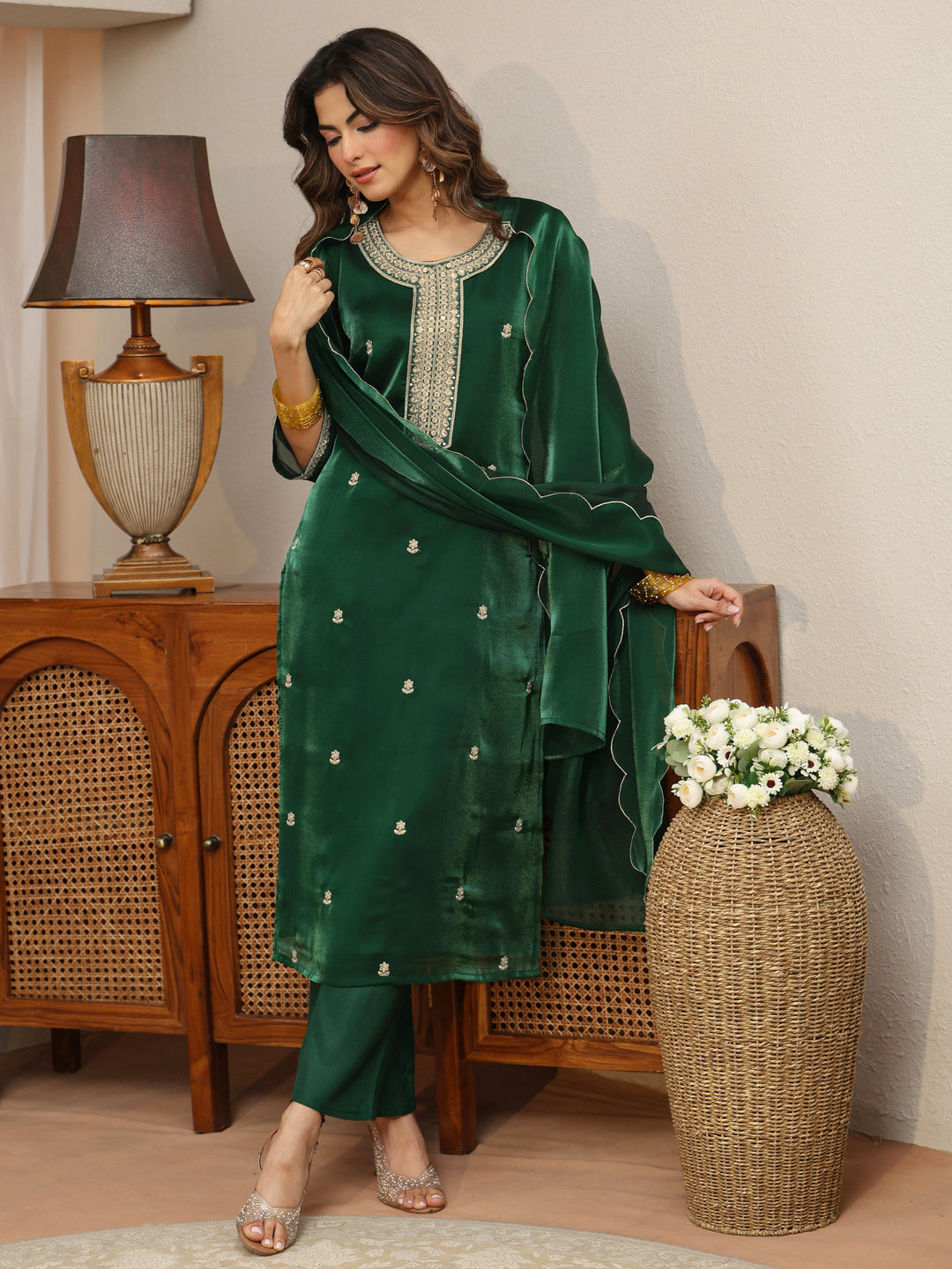 Green Ethnic Embroidered Tissue Straight Suit Set