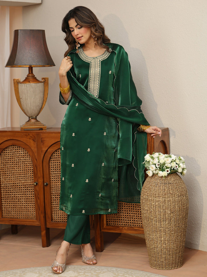 Green Ethnic Embroidered Tissue Straight Suit Set