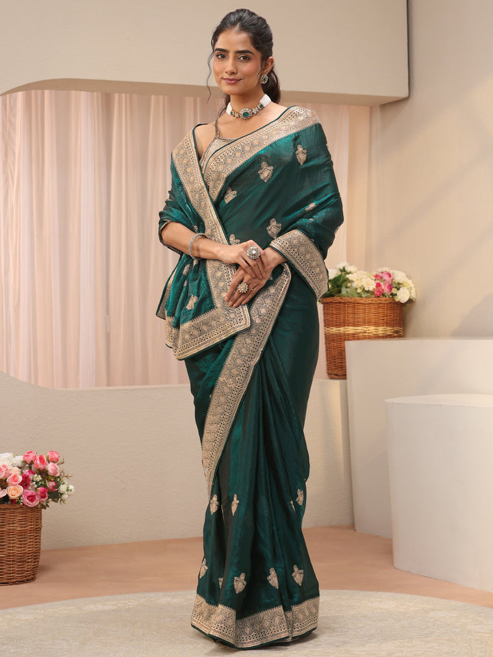 Green Ethnic Motif Embroidered Tissue Saree