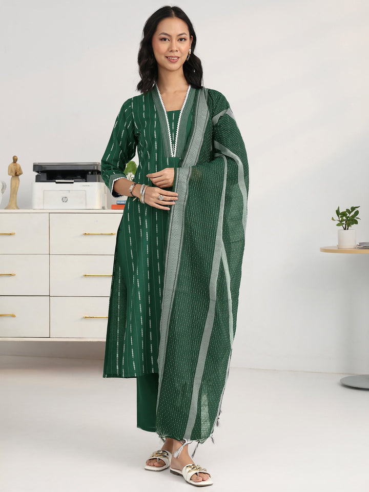 Green Ethnic Motif Woven Design Cotton Blend Straight Suit Set With Dupatta