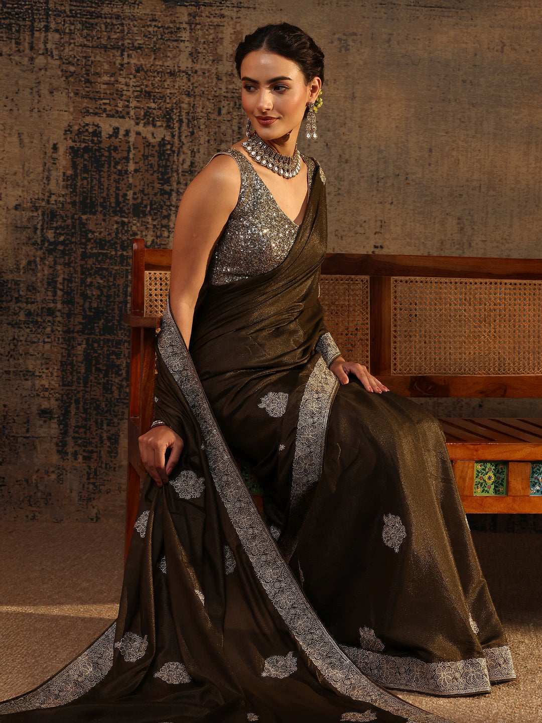 Green Ethnic Motifs Embellished Satin Saree With Unstitched Blouse Piece